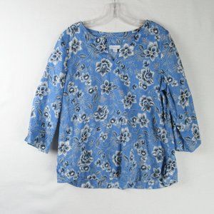 J. Jill Linen Print Blouse Size S 3/4 Sleeve Sky Blue